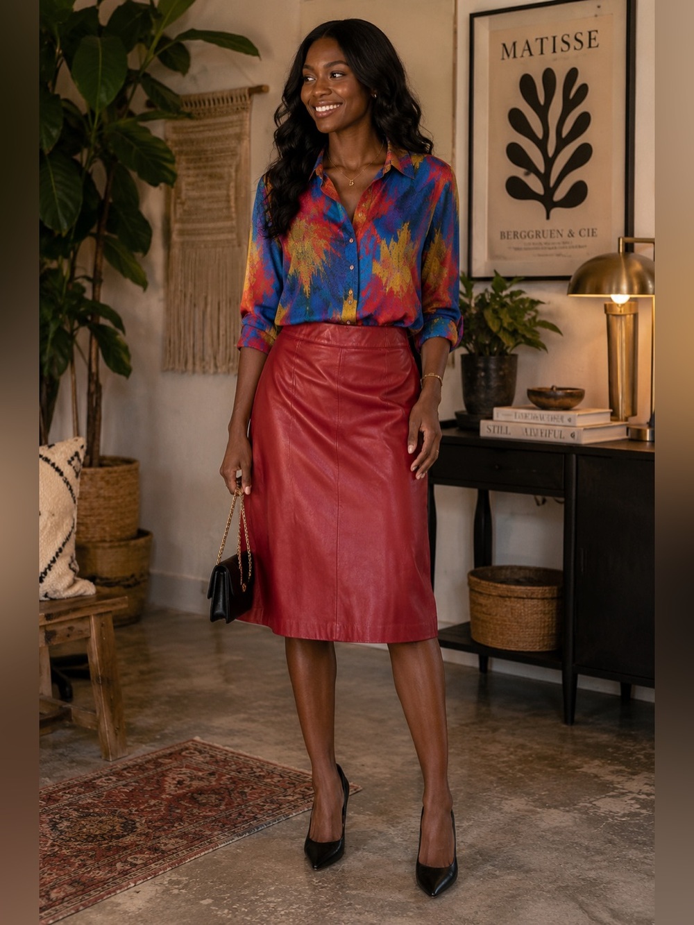 Lauren Ralph Lauren Red‎ Leather Pencil Skirt Size 8 High Waisted Midi Straight